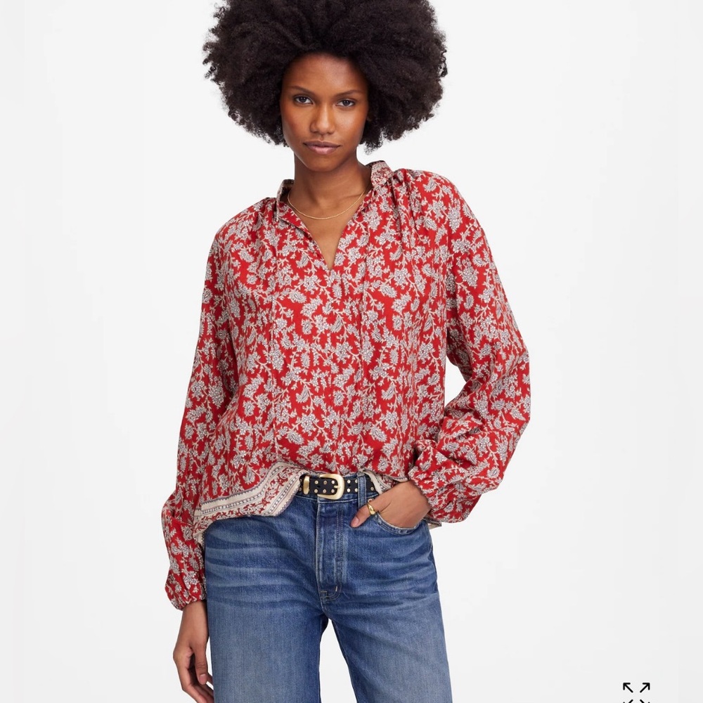 Madewell Red Floral Button-Front Peasant Blouse